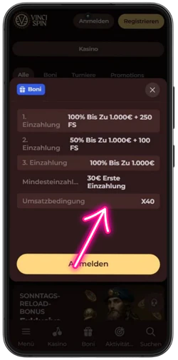 Willkommenspaket im VinciSpin Casino aktivieren