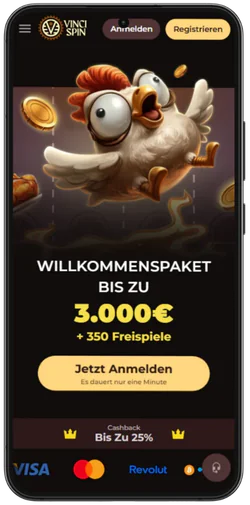 VinciSpin Casino Website in der mobilen Browser-Ansicht öffnen