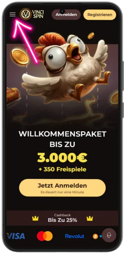 Menü-Symbol im Browser bei VinciSpin Casino antippen