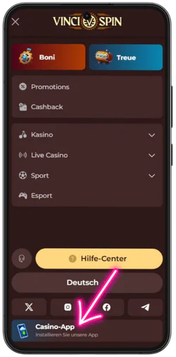 App-Bereich im Menü von VinciSpin Casino auswählen