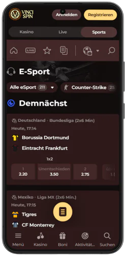 E-Sport-Wetten in der mobilen Ansicht von VinciSpin Casino