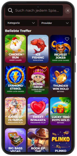 Spielelobby mit beliebten Slots im VinciSpin Casino auf dem Smartphone