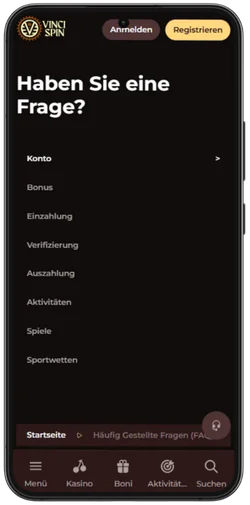 Hilfe-Center mit häufigen Fragen im VinciSpin Casino auf dem Handy
