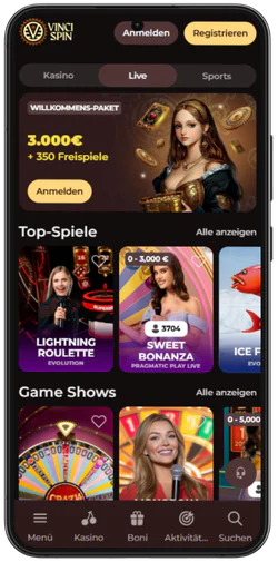 Live-Casino mit Roulette und Game Shows bei VinciSpin Casino mobil