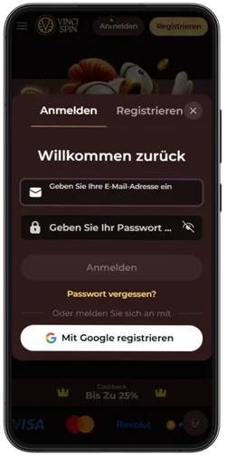 Login-Formular für die Anmeldung bei VinciSpin Casino auf dem Smartphone
