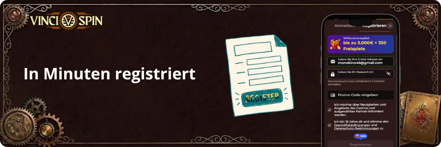 Registrierung und Login bei VinciSpin Casino über das Smartphone