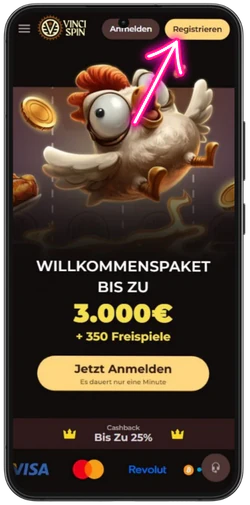 Registrieren-Button auf der Startseite von VinciSpin Casino