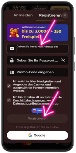 Registrierungsformular im VinciSpin Casino ausfüllen